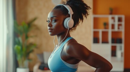 Focused young African American woman in blue sports attire, wearing headphones, training on treadmill in bright living room with green plant and modern decor.