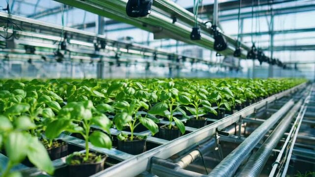 Rows of vibrant green basil plants thriving in a modern hydroponic greenhouse, showcasing sustainable agriculture and technological advancements in food production.