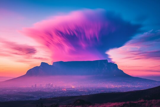 Vibrant sunset paints the sky above a majestic mountain and city.