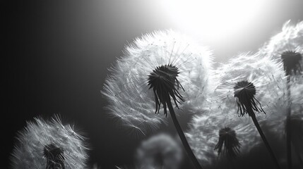 Dandelions seeds blowing in sunlit field; nature background