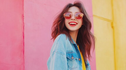 Trendy young Asian woman with wavy hair wearing sunglasses and denim jacket smiling joyfully against vibrant pink and yellow urban backdrop