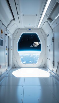 A sterile, white spaceship corridor with a large hexagonal window displaying a view of Earth and Saturn; the scene is quiet and contemplative. Science fiction illustration.