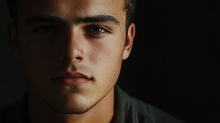 Obraz premium Close-up portrait of a young man with olive skin and dark hair against a dark background, showcasing strong facial features and intense expression.