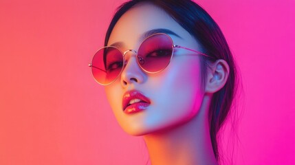 Attractive young Asian woman wearing stylish round sunglasses with vivid pink and purple gradient background showcasing modern beauty and fashion trends