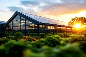 Obraz premium Sustainable agriculture practices greenhouse photography sunset dynamic eco-friendly innovations in modern farming