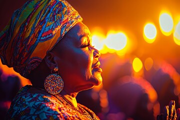 Woman in vibrant headwrap and jewelry, illuminated by warm stage lights.