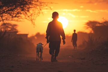 Silhouette of a child leading a small animal at sunset.