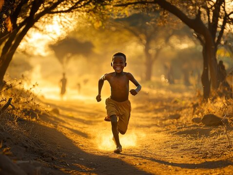 Joyful child running on a dirt road at sunset. - Powered by Adobe