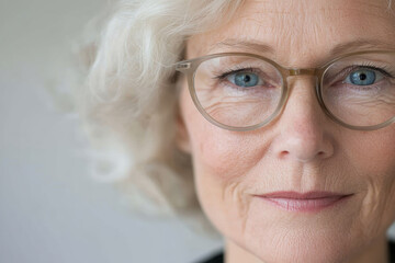 Fototapeta premium Serene portrait of a mature Caucasian woman with glasses and white hair, confident expression, close up view