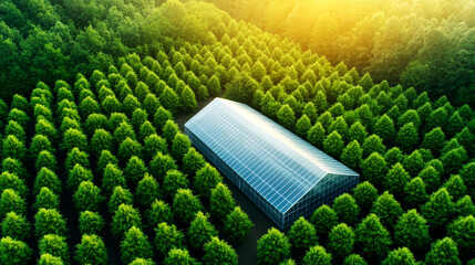 Obraz premium Sustainable greenhouse cultivation forest landscape aerial view natural environment photographic content showing eco-friendly practices