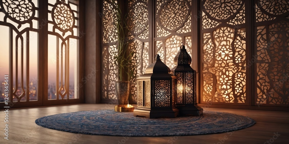 Poster elegant lanterns illuminate a warm space with intricate patterns during sunset in a cozy, serene set