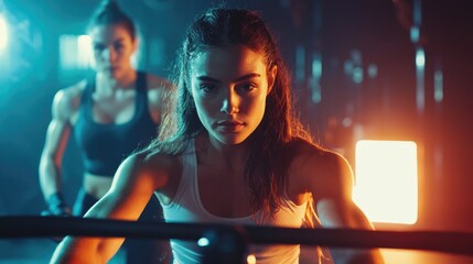 Focused young woman exercising on rowing machine in vibrant gym environment with instructor guiding in background, dynamic lighting creating a motivational atmosphere.