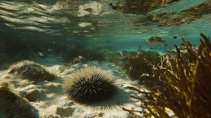 Underwater scene showcasing a sea urchin on the sandy ocean floor surrounded by marine life