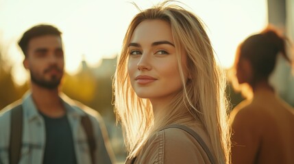 Fototapeta premium Thoughtful blonde manager contemplating in sunset glow with multiethnic colleagues engaging in conversation in blurred background