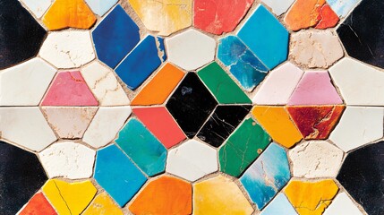 Intricate mosaic tile pattern, small colorful tiles arranged in detailed design, ultra-sharp details