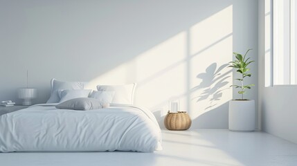 White bedding near a plant in a white pot and a wicker basket pot in the sunlight streaming through a window on a white wall background