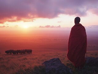 Obraz premium Sunset over the savanna, a lone figure contemplates the herd.
