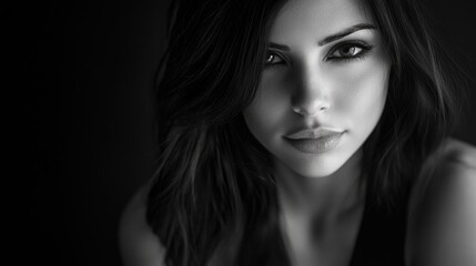 Fototapeta premium Captivating portrait of a young woman with long dark hair and striking features, showcasing a moody black and white aesthetic in a studio setting.