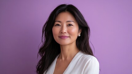 Fototapeta premium portrait of a 40-year-old Asian woman with long dark hair wearing a white blouse against a soft purple background, showcasing natural beauty and confidence