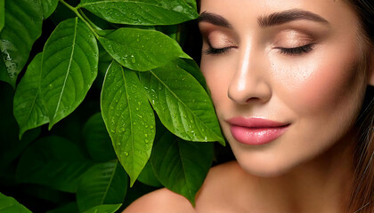 Fototapeta premium Close-up of a woman's serene face, eyes closed, gently nestled against lush, dew-kissed leaves. Perfect for beauty, skincare, cosmetics, and natural product advertising.