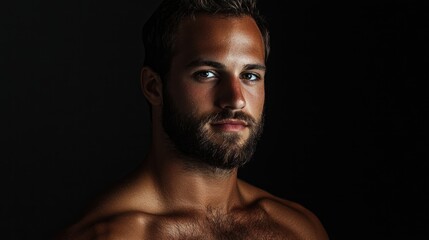 Obraz premium Muscular adult man with beard and captivating blue eyes posing confidently against a dramatic black background showcasing strong features and expression.