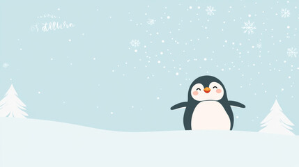 Naklejka premium cheerful penguin standing on snowy hill with snowflakes falling in winter wonderland