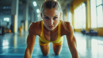 Sporty young Caucasian woman with ponytail in yellow sportswear performing push-ups on gym floor with natural light highlighting her strength and focus