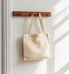 Tote bag mockup hanging on the coat rack, blank tote canvas in a beige color with no print hanging on the wall at the school entrance for kids to hang their bags and books, minimalist style,