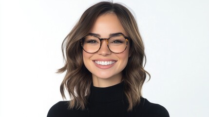 Fototapeta premium Happy young woman with glasses smiling warmly at the camera, showcasing her wavy brown hair and black turtleneck against a bright white background.