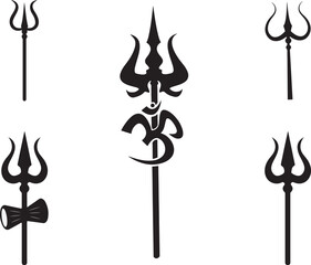 Set of God Shiva Trishul Trident silhouette design. Vector illustration