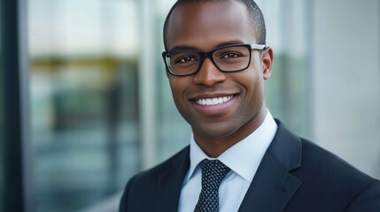 Fototapeta premium Confident African American businessman with glasses in a professional suit smiling outdoors in a modern urban environment with glass architecture.