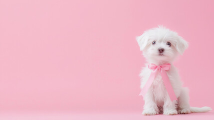 Adorable white puppy with pink ribbon sitting on pastel pink background