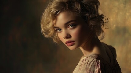 Fototapeta premium Cinematic studio portrait of a young woman with tousled blonde hair and striking features, soft golden background, natural light highlighting her expressive gaze.