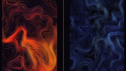 Abstract topographic map design, fiery orange and cool blue.