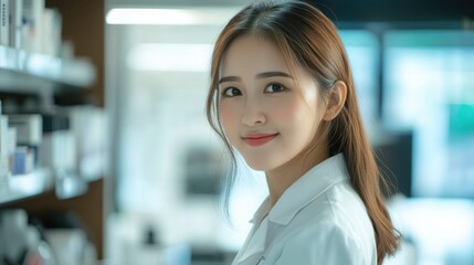Fototapeta premium Portrait of 20-year-old Asian female pharmacist in white lab coat smiling at pharmacy counter in bright, modern pharmacy setting with healthcare products