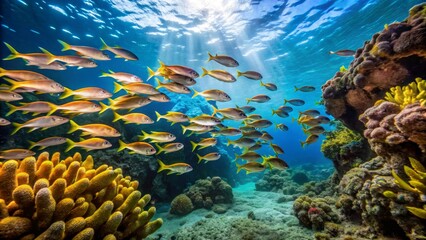 Obraz premium Vibrant Underwater Scene with School of Fish and Coral Reef