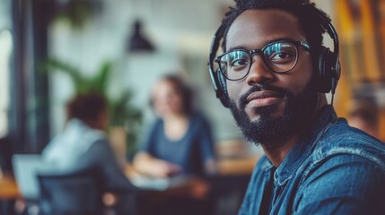 Obraz premium Confident young Black male customer service representative wearing headphones, seated in modern call center with diverse team discussing in background.