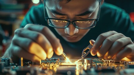 Asian Technician Concentrating on Soldering Electric Circuit Board of Power Outlet with Glasses in a Dimly Lit Workshop Environment