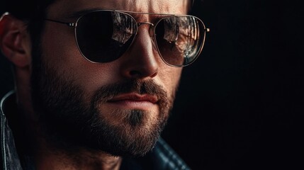 Obraz premium A striking close-up portrait of a stylish man with sunglasses showcasing modern men's fashion and rugged masculinity.