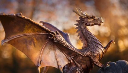 Fototapeta premium Fantasy bronze dragon Firefly soars gracefully with glimmering scales at sunset