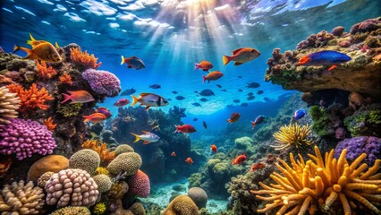 Obraz premium Vibrant Coral Reef with Colorful Fish Under Bright Sunlight