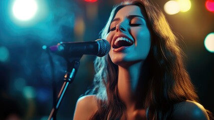 Young woman passionately singing in a vibrant karaoke setting with colorful stage lights creating a dynamic atmosphere.