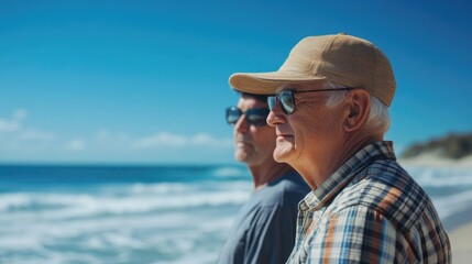 Two senior men with sunglasses enjoying a sunny day at the beach, overlooking ocean waves, wearing casual attire in a serene coastal setting.