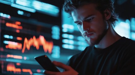 Midsection of young man using smartphone in dark environment with blue and red glowing data visualizations in background, showcasing global networking and technology.