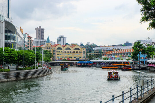 Colorful shops, restaurants, bars, cafes buildings along Clark Quay 