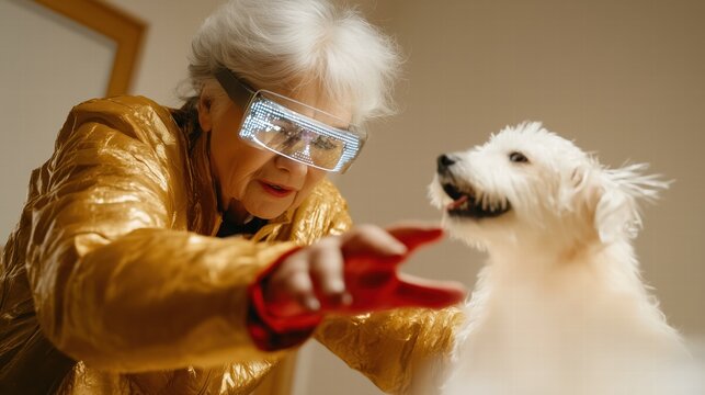 Stylish older woman with silver hair wearing futuristic LED glasses and a metallic gold jacket, playfully reaching out to a fluffy white dog.