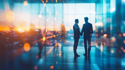 Two businessmen shaking hands in a modern office with a network graphic overlay.
