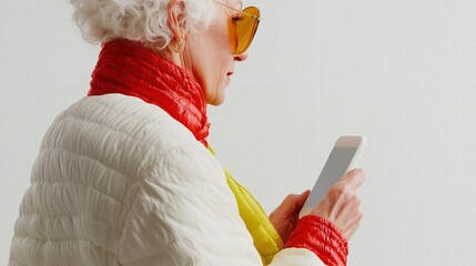 Stylish elderly woman with white curly hair wearing a modern quilted jacket and tinted aviator glasses while using a smartphone. Minimalist background with a contemporary fashion aesthetic