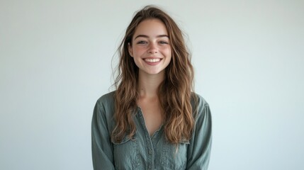 Fototapeta premium Smiling young adult woman with long wavy hair wearing green shirt and jeans standing against a soft white background showcasing natural beauty and joy
