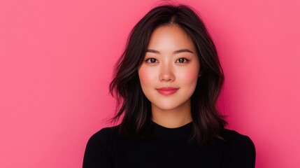 Fototapeta premium Young Asian woman with fresh, clear skin posing confidently in front of a vibrant pink backdrop showcasing facial care and beauty aesthetics.